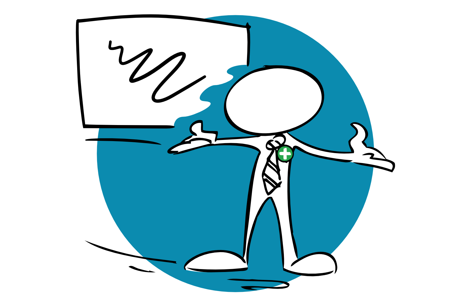 Cartoon image of an adult standing in front of a whiteboard, representing planning first aid cover and selecting appropriate training courses for a school or nursery.